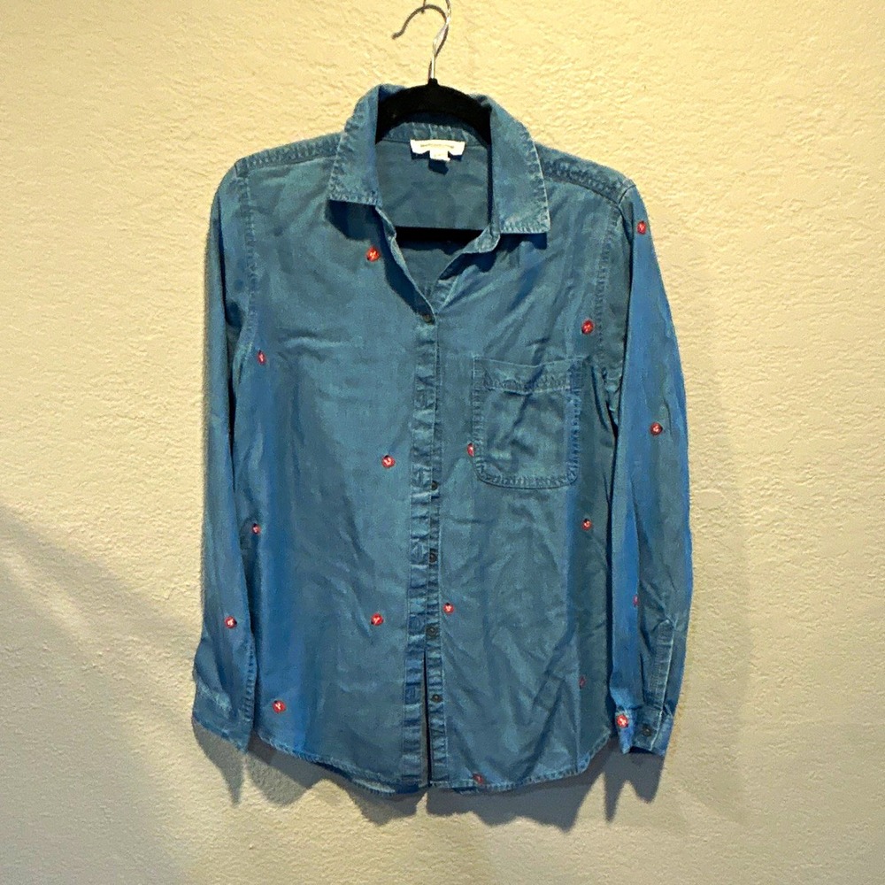 Jack-O-Lantern 🎃 Embroidered Denim Button Up Collar Women's Long Sleeve Shirt S